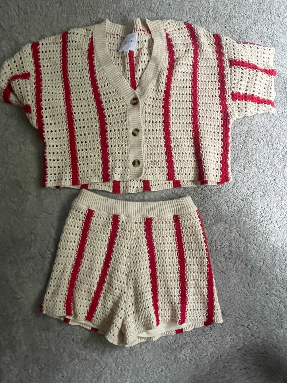 Le Lis Cream and Red Crochet Knit Top